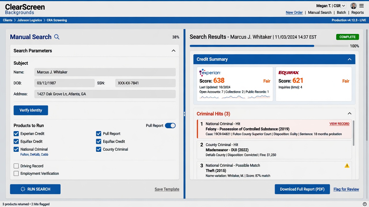 Search workstation with credit and criminal selected
